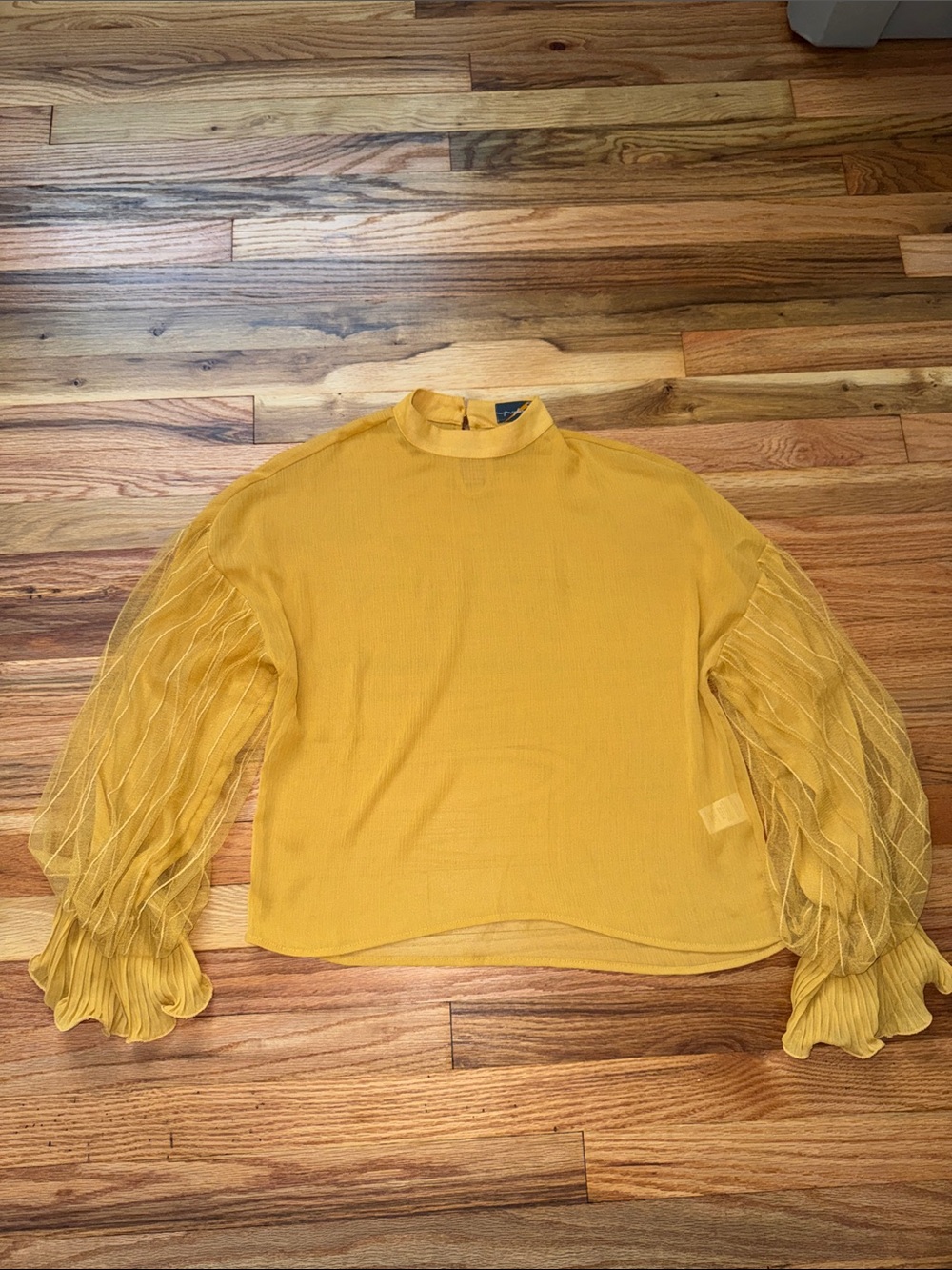 Jane Plus One Mock Neck Statement Sleeve Sheer Blouse Small Mustard